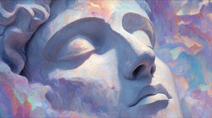Close-up of a classical stone sculpture face with closed eyes and serene expression against a colorful cloudy sky background.