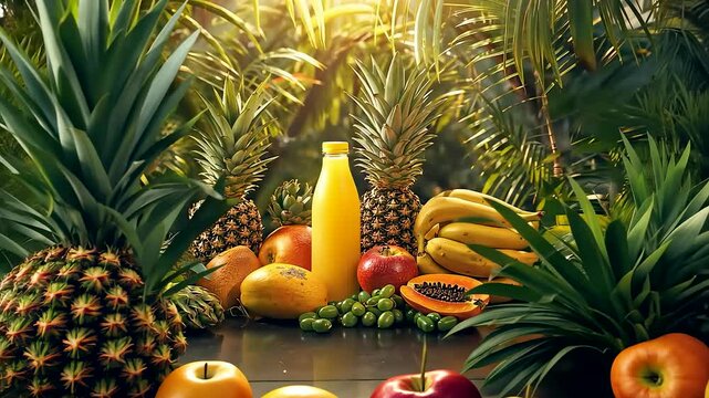 Tropical fruits arranged with fresh pineapple, bananas, mangoes and a vibrant juice bottle surrounded by lush green leaves in warm sunlight