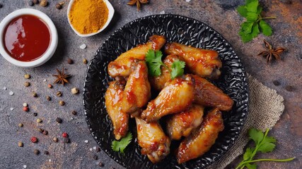 Glazed chicken wings with a rich caramelized coating on a black plate. restaurant menu, food promotion, and culinary advertisement.