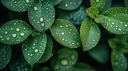 Vibrant green leaves adorned with sparkling dew drops after a refreshing morning rain, showcasing nature's delicate beauty and renewal