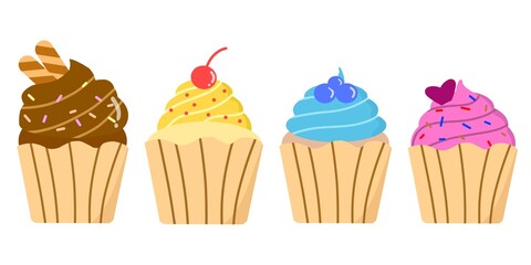 Set of cupcakes. Colorful cupcakes with different frosting and toppings. Colorful cupcake collection illustration
