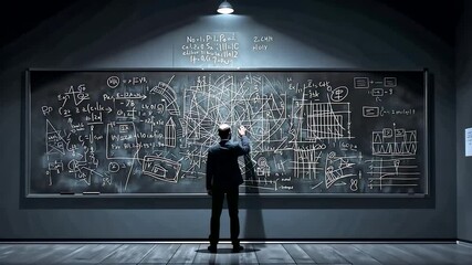 Scientist solving complex formulas on a large chalkboard filled with equations inside a dimly lit research room during an intensive study session - Powered by Adobe
