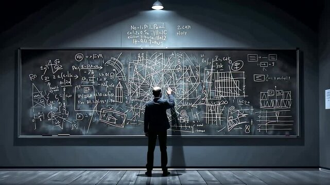 Scientist solving complex formulas on a large chalkboard filled with equations inside a dimly lit research room during an intensive study session