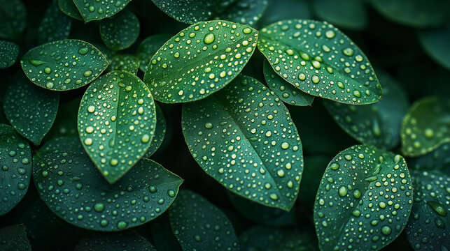 Stunning close-up captures vibrant green leaves glistening with fresh dew drops after a gentle rain shower