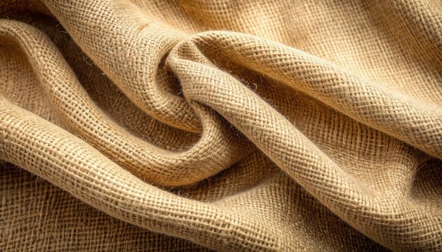 Close-up of textured burlap fabric, beige/brown, woven, with folds and detail