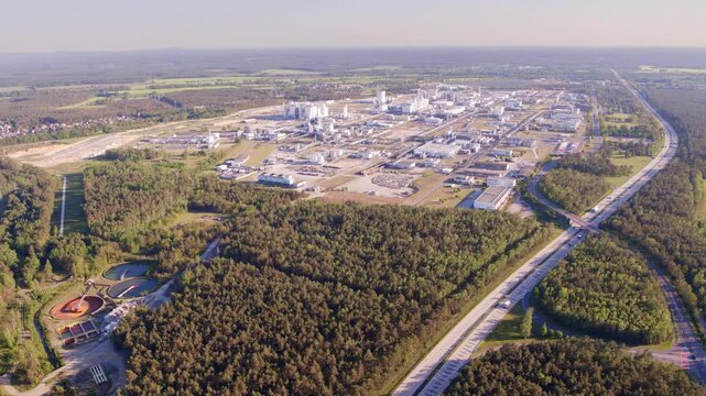 Drone flight over BASF Schwarzheide during nice sunset