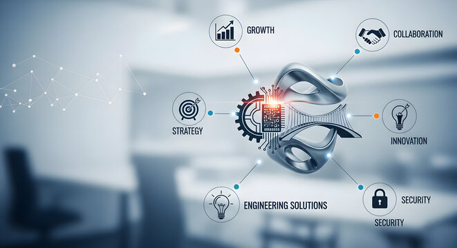 A professional engineering solutions concept symbolizing innovation, precision, and modern technology. Ideal for illustrating industrial design, mechanical systems, construction engineering, 