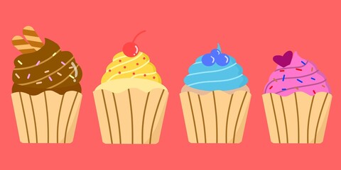 Set of cupcakes. Colorful cupcakes with different frosting and toppings. Colorful cupcake collection illustration