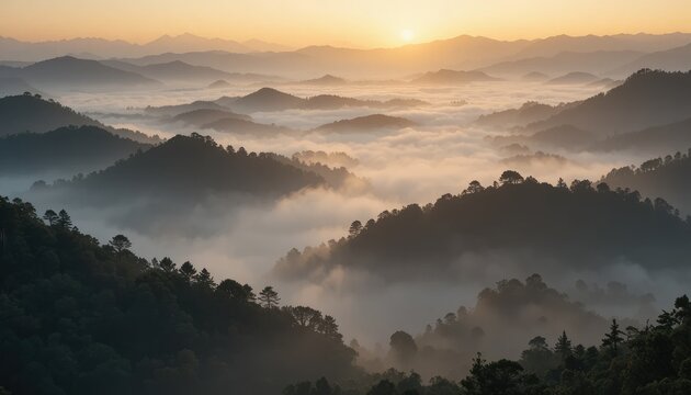 Misty mountain landscape at sunrise with fog rolling over the hills and valleys below - Powered by Adobe