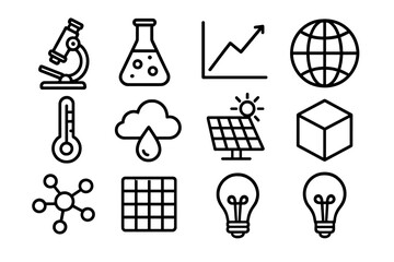 Obraz premium Scientific Climate Icons. Scientific Climate linear icon set: microscope, lab flask, graph chart, globe, thermometer, cloud, water droplet, solar panel, 3D cube, molecular model,