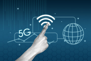 Banner 3d pop creative image collage of human hand show wifi network connection globe icon fast 5g modern connection speed