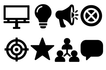 Brutalist Branding Icons. Brand Awareness silhouette icon set: billboard, light bulb, loudspeaker, logo symbol, target, star, social network, chat bubble.