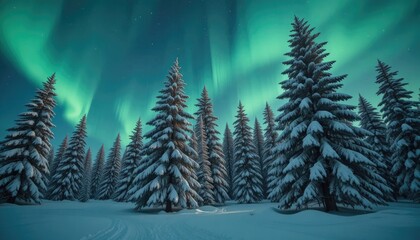 Majestic aurora borealis illuminates a snow covered forest creating a magical winter wonderland landscape scene