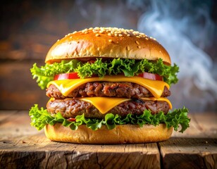 Double cheeseburger on a bun with lettuce, tomato, sesame seeds, and smoke