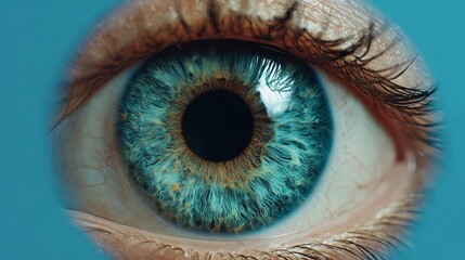 Close-up of a human eye showcasing vibrant blue iris and deep black pupil against a soft blue background.