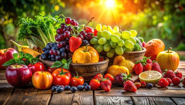 Fresh fruit & vegetables in rustic wooden bowls under sun. Abundant harvest on table - Powered by Adobe