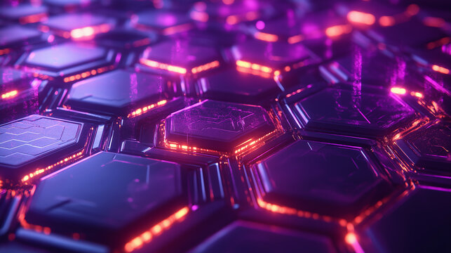 Dynamic futuristic hexagonal grid with glowing neon lights, perfect for tech innovation, digital transformation, and modern science concepts.