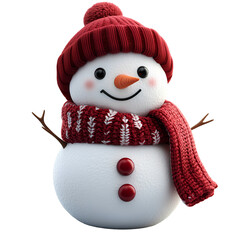 Snowman with Red Knit Hat and Scarf Cheerful Winter Holiday Character 3D Render Illustration