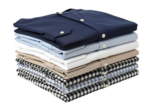 Neatly folded stack of men's dress shirts, diverse colors, patterns. isolated on transparent background