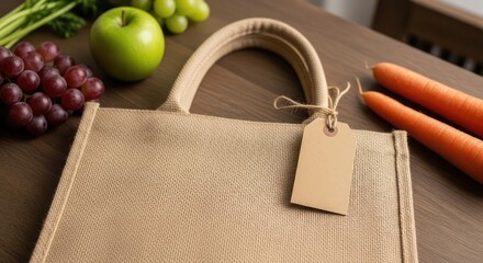 A reusable shopping bag rests on a table, surrounded by fresh produce.