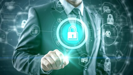 Business professional activating digital security lock interface with glowing network elements, advanced protection graphics, and cyber defense visuals - Powered by Adobe