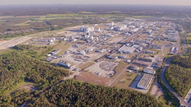 Drone flight over BASF Schwarzheide during nice sunset