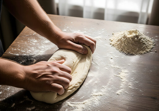 Baker's hands kneading bread dough on a wooden table with flour.
