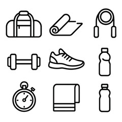 Fitness Icon Set. Fitness Training Set linear icon set: gym bag, mat, shoes, jump rope, dumbbell, timer, towel, water bottle.