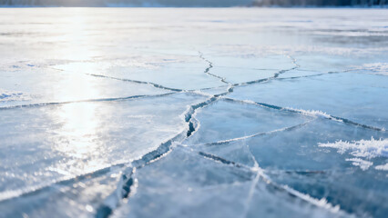 Golden Light on Cracked Frozen Ice Sheet