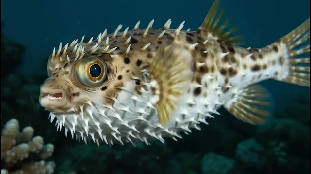 Pufferfish with Spikes and Big Eyes Underwater