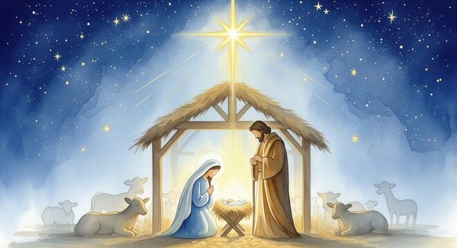 Nativity scene with Mary, Joseph, and baby Jesus in a stable. A watercolor illustration under a starry sky symbolizing hope and faith. For religious Christmas cards or publications.