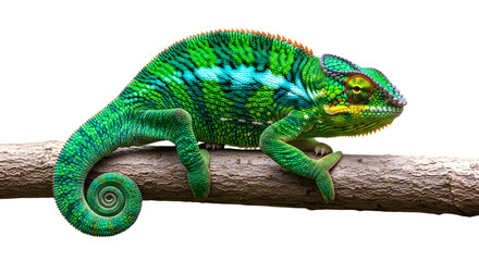 Naklejka premium Vibrant green chameleon perched on a branch against black background