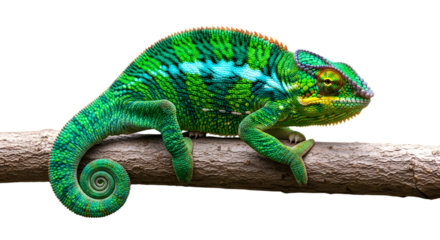 Vibrant green chameleon perched on a branch against black background