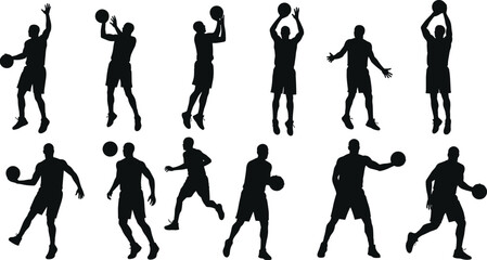 Silhouette of basketball players jumping, dribbling, and shooting ball, isolated on white background, dynamic sports action and teamwork concept
