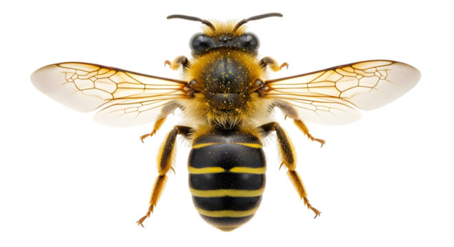 Detailed top view of a honey bee with wings spread on black background