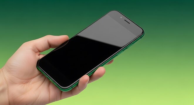 A hand holding a smartphone isolated on a green gradient background, showcasing mobile technology and connectivity for modern communication