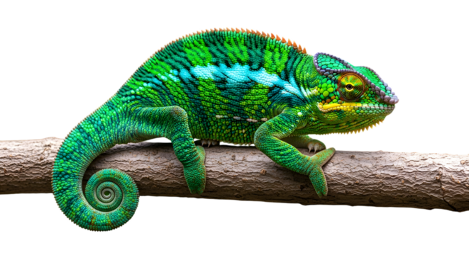 Vibrant green chameleon perched on a branch against black background