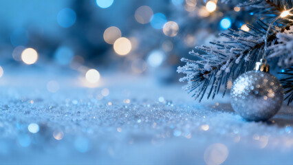 Blue Christmas Scene with Frost and Twinkling Lights