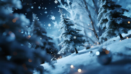 Snowy Pine Forest with Twinkling Holiday Lights
