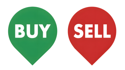 Dynamic decision making icons representing buy versus sell choices for financial trading and investment strategies