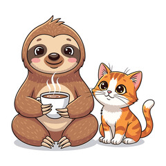 Obraz premium Cartoon sloth holding coffee cup with cat on white background hot drink