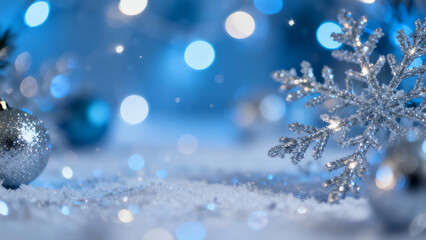 Frozen Snowflake and Blue Holiday Lights Macro