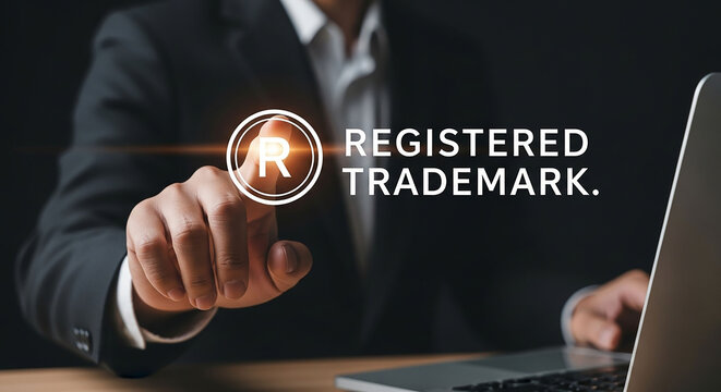 A businessman in a suit points at a glowing registered trademark symbol with "REGISTERED TRADEMARK" text, next to a laptop.