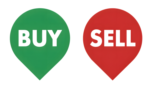 Dynamic decision making icons representing buy versus sell choices for financial trading and investment strategies