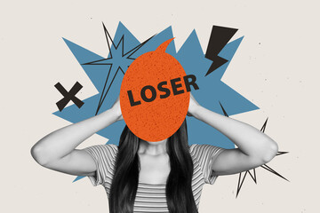 Contemporary artwork collage of angry girl hold head instead bubble loser icon abuse stereotype pressure hate assault concept