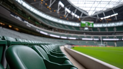 Seating arrangement in a modern sports stadium before the game with an open roof and bright green field