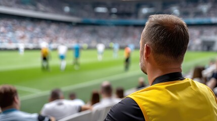 Soccer match seen from the sidelines with coach observing players during a competitive game at a large stadium in a vibrant atmosphere