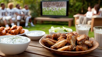 Friends enjoy a backyard gathering watching a sports game while sharing delicious food and drinks on a sunny afternoon
