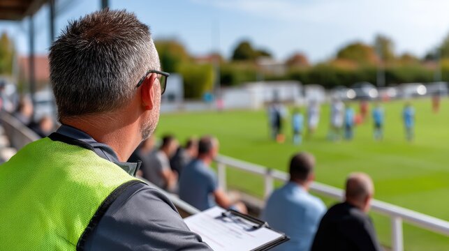 Coach analyzes team performance during practice at a sunny outdoor soccer field in autumn