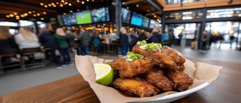 Crowded sports bar setting with crispy chicken wings served with lime and green onions during a lively game day